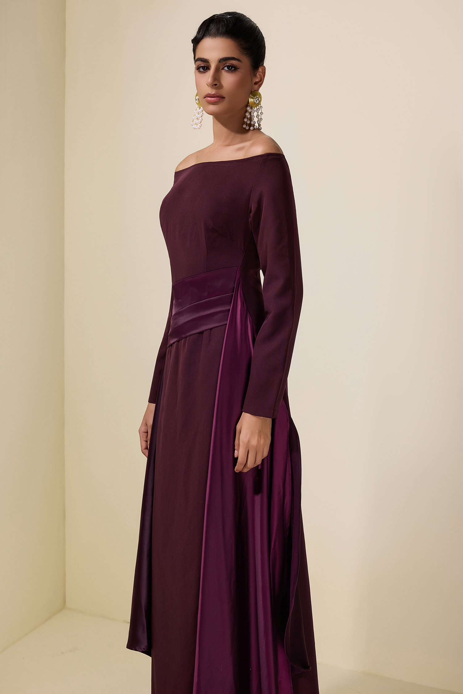 Satin Splicing Off-Shoulder Maxi Dress