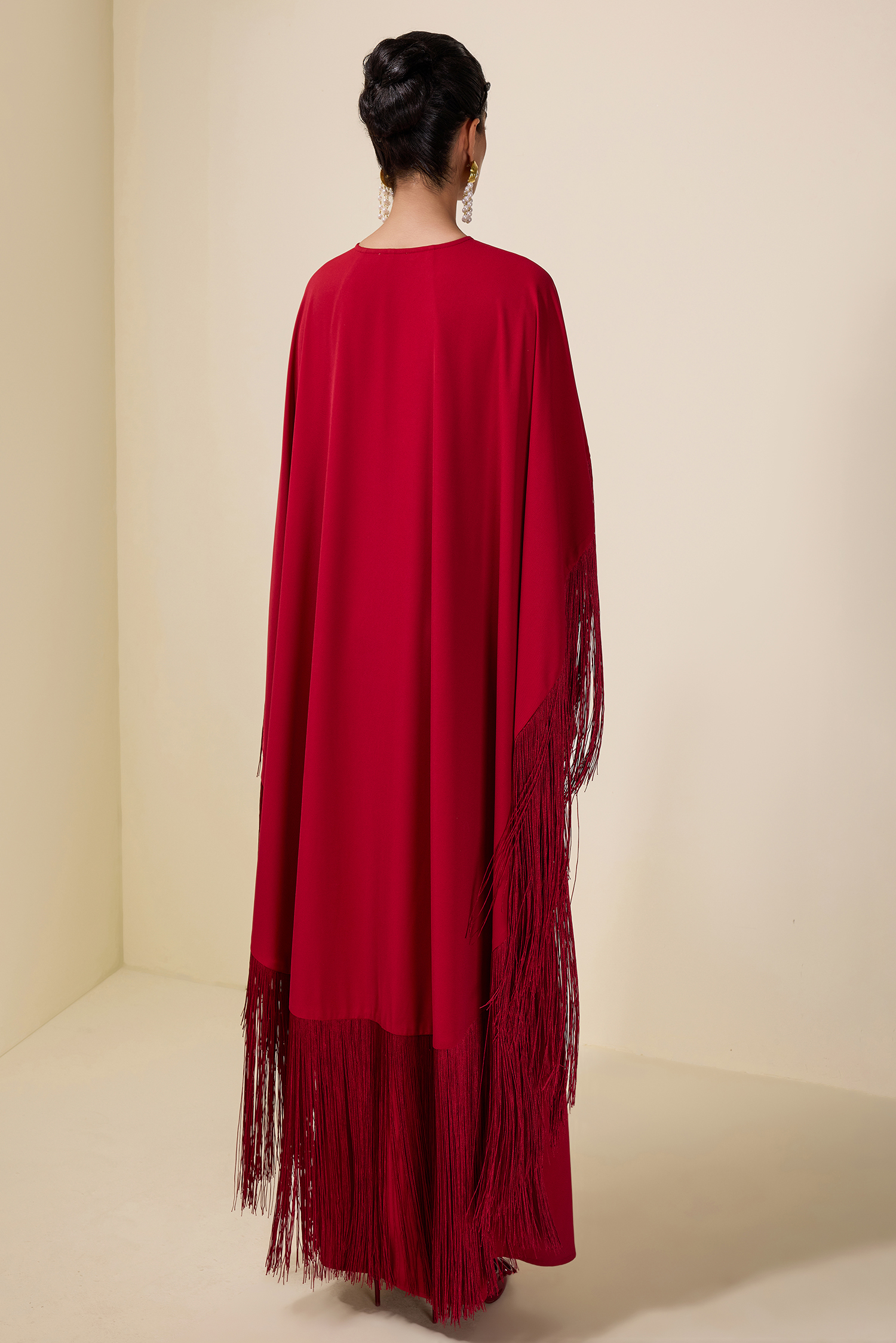 Solid Tie-Up Tassel Cape Sleeve Maxi Dress