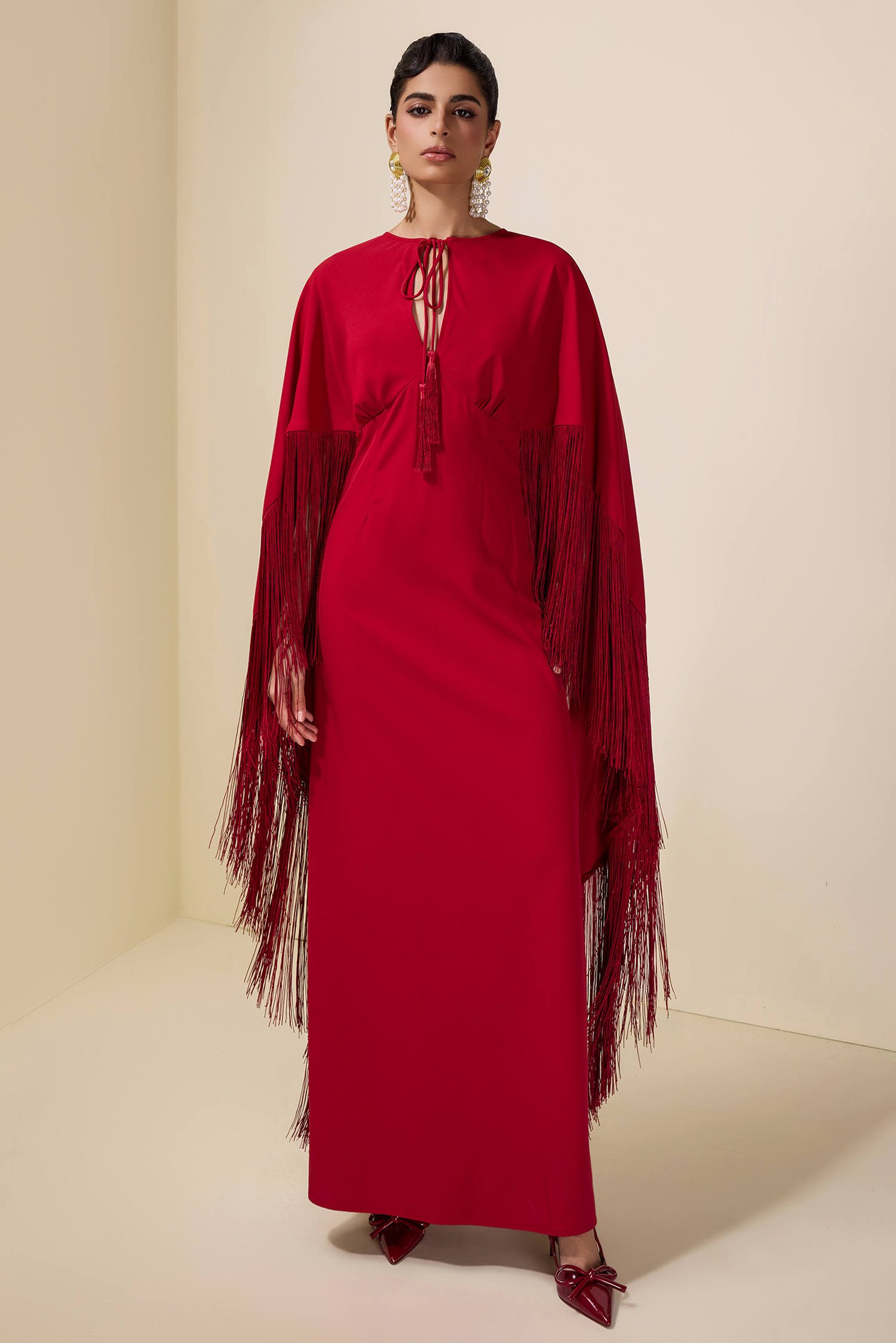 Solid Tie-Up Tassel Cape Sleeve Maxi Dress