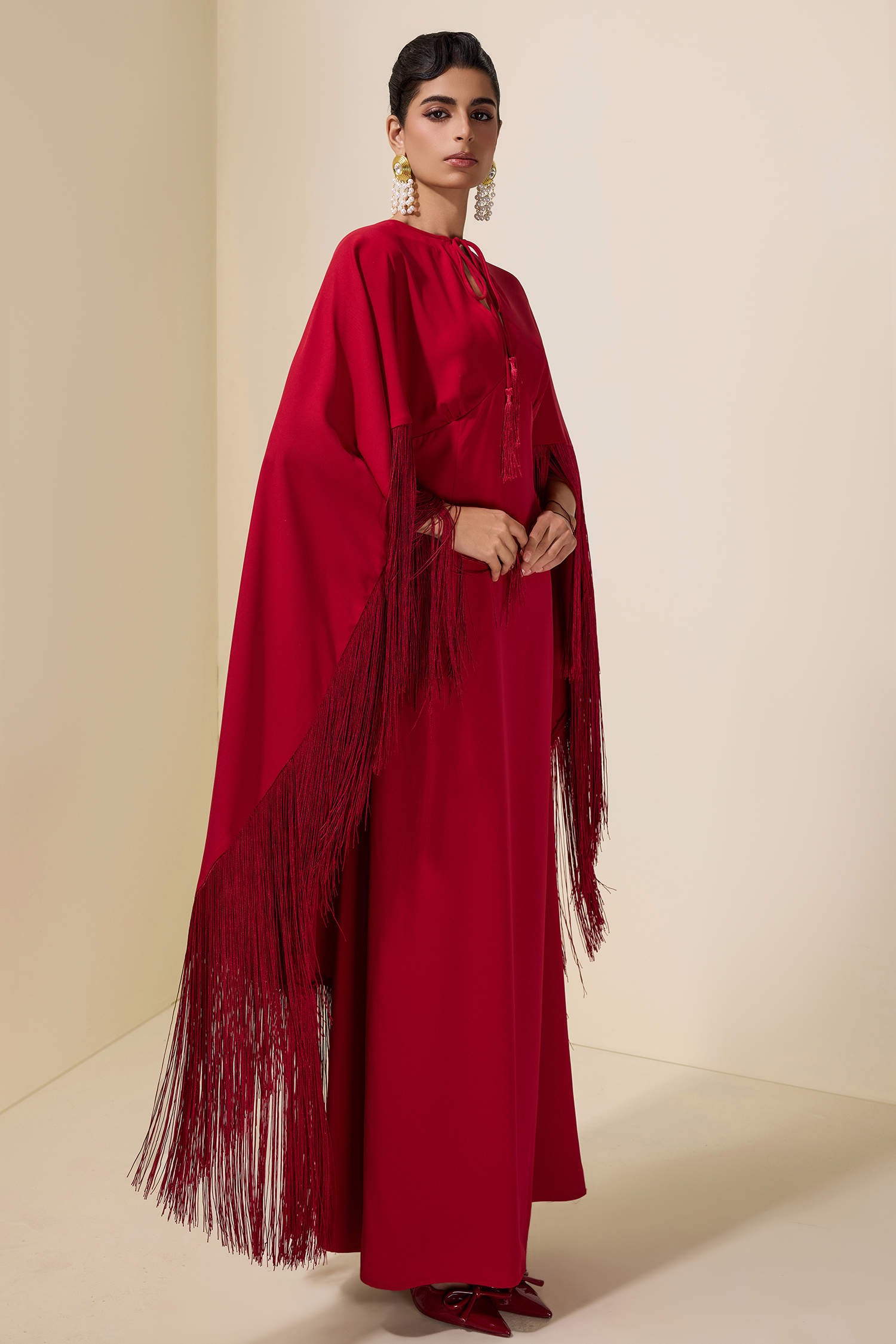 Solid Tie-Up Tassel Cape Sleeve Maxi Dress