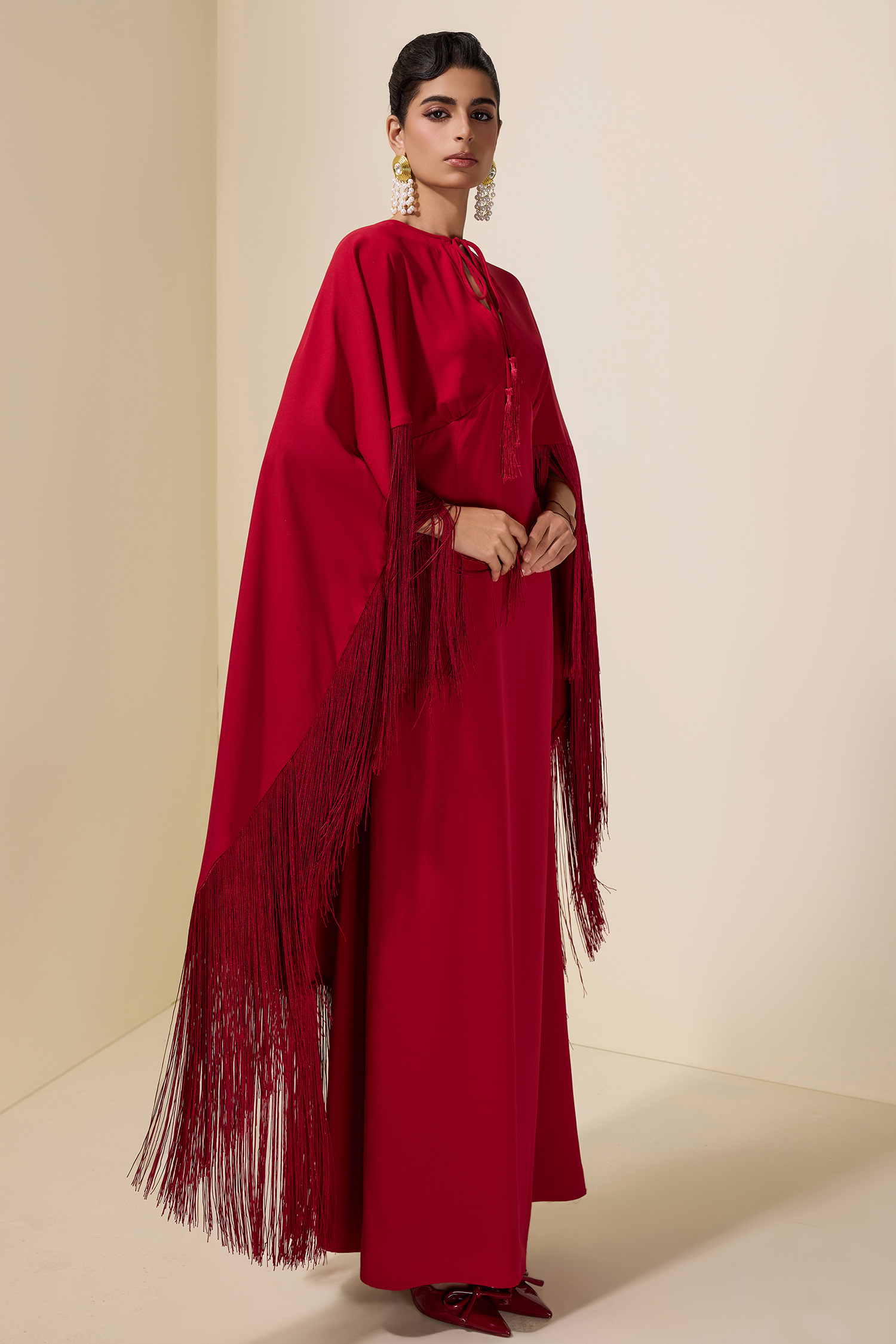 Solid Tie-Up Tassel Cape Sleeve Maxi Dress