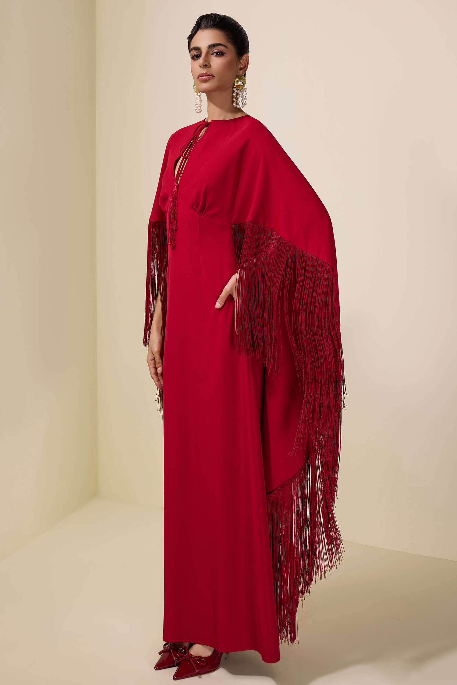 Solid Tie-Up Tassel Cape Sleeve Maxi Dress