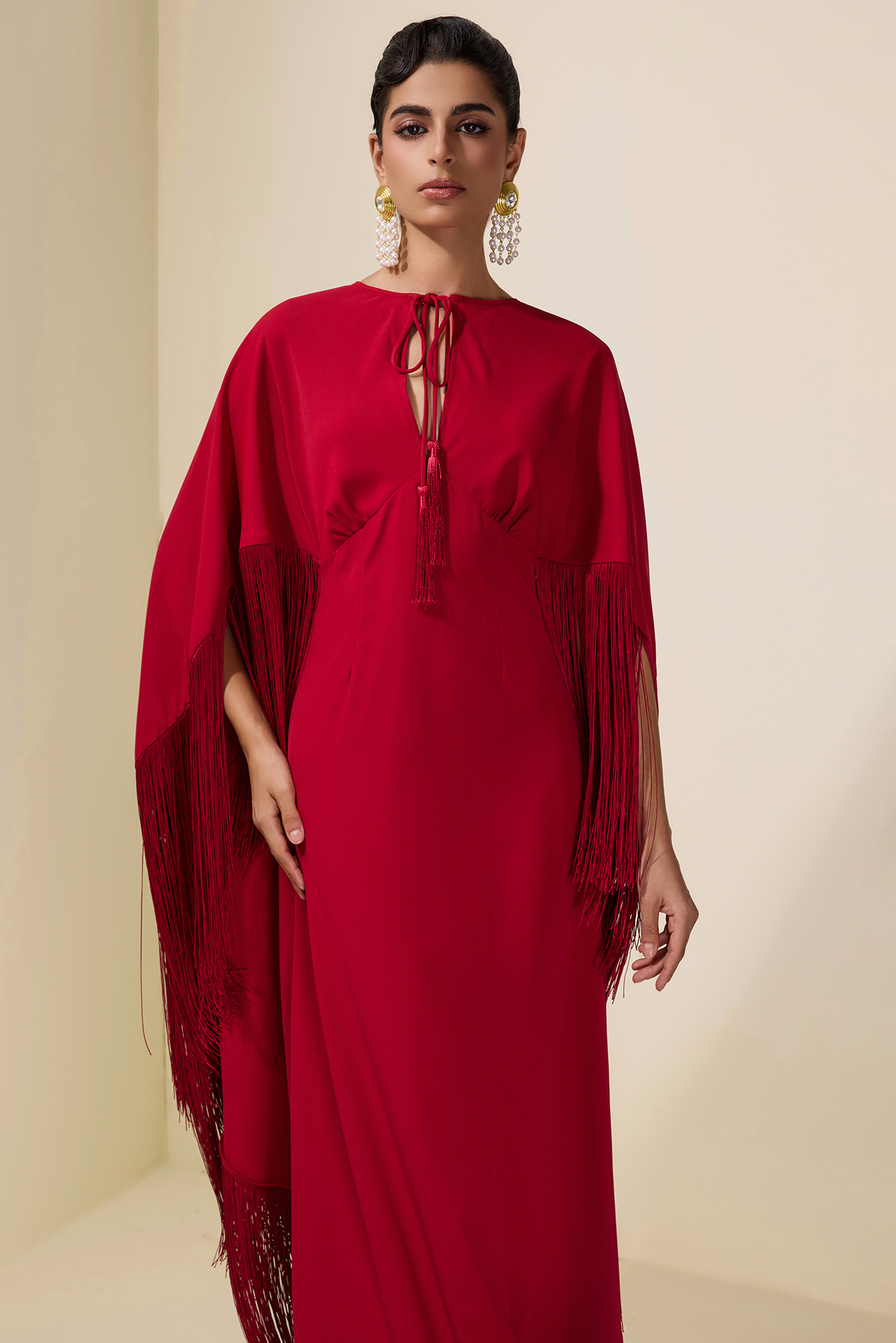 Solid Tie-Up Tassel Cape Sleeve Maxi Dress