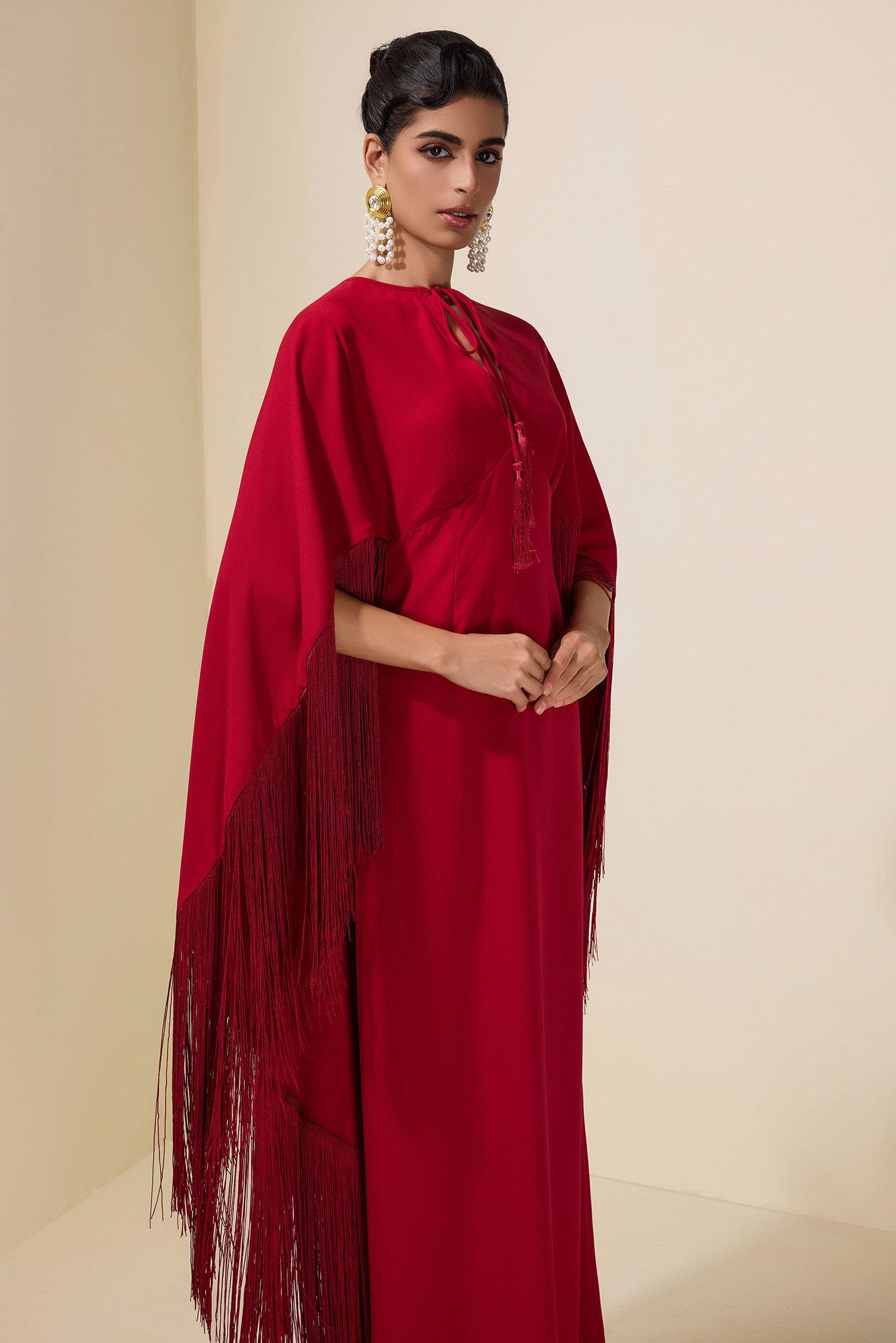 Solid Tie-Up Tassel Cape Sleeve Maxi Dress