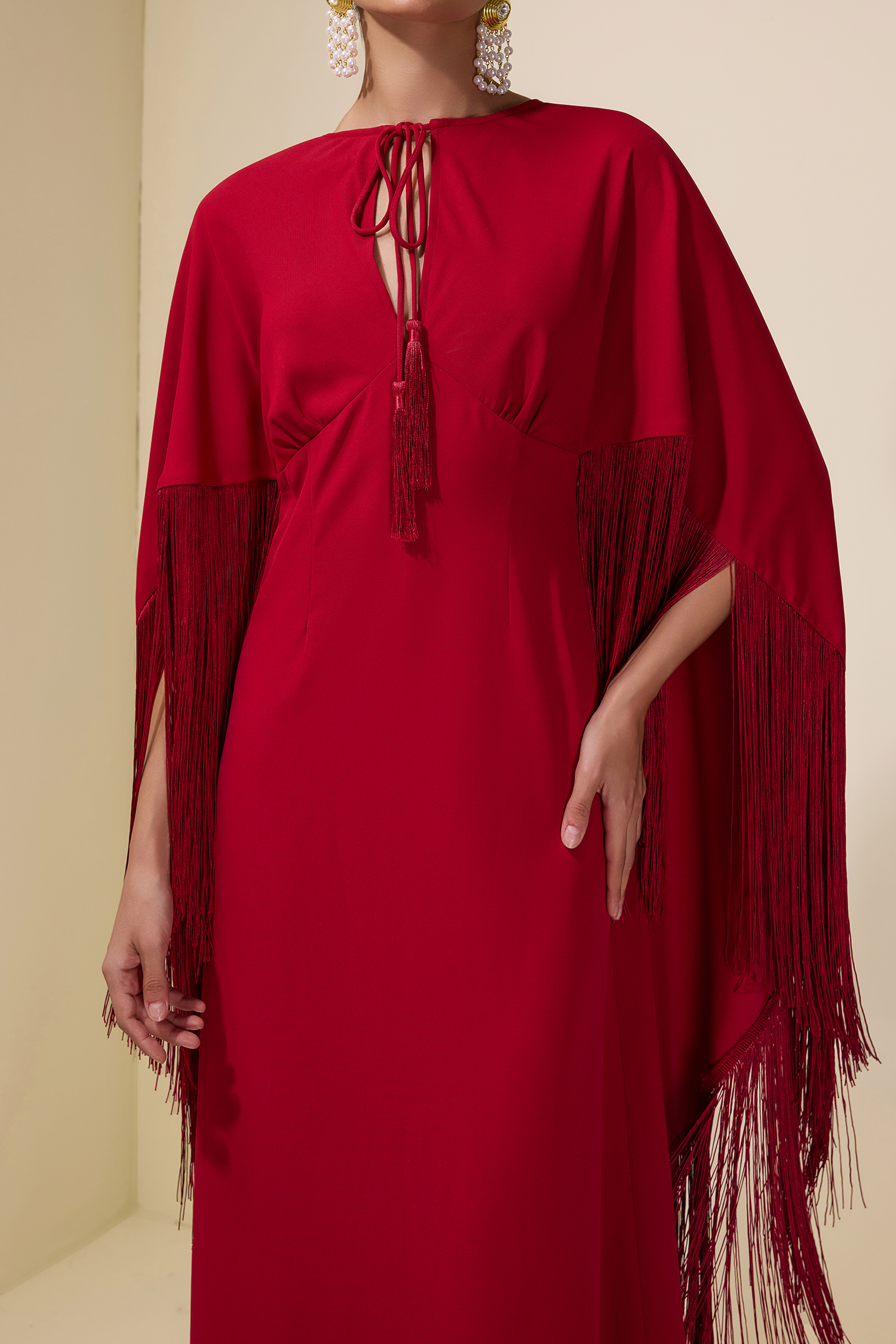 Solid Tie-Up Tassel Cape Sleeve Maxi Dress