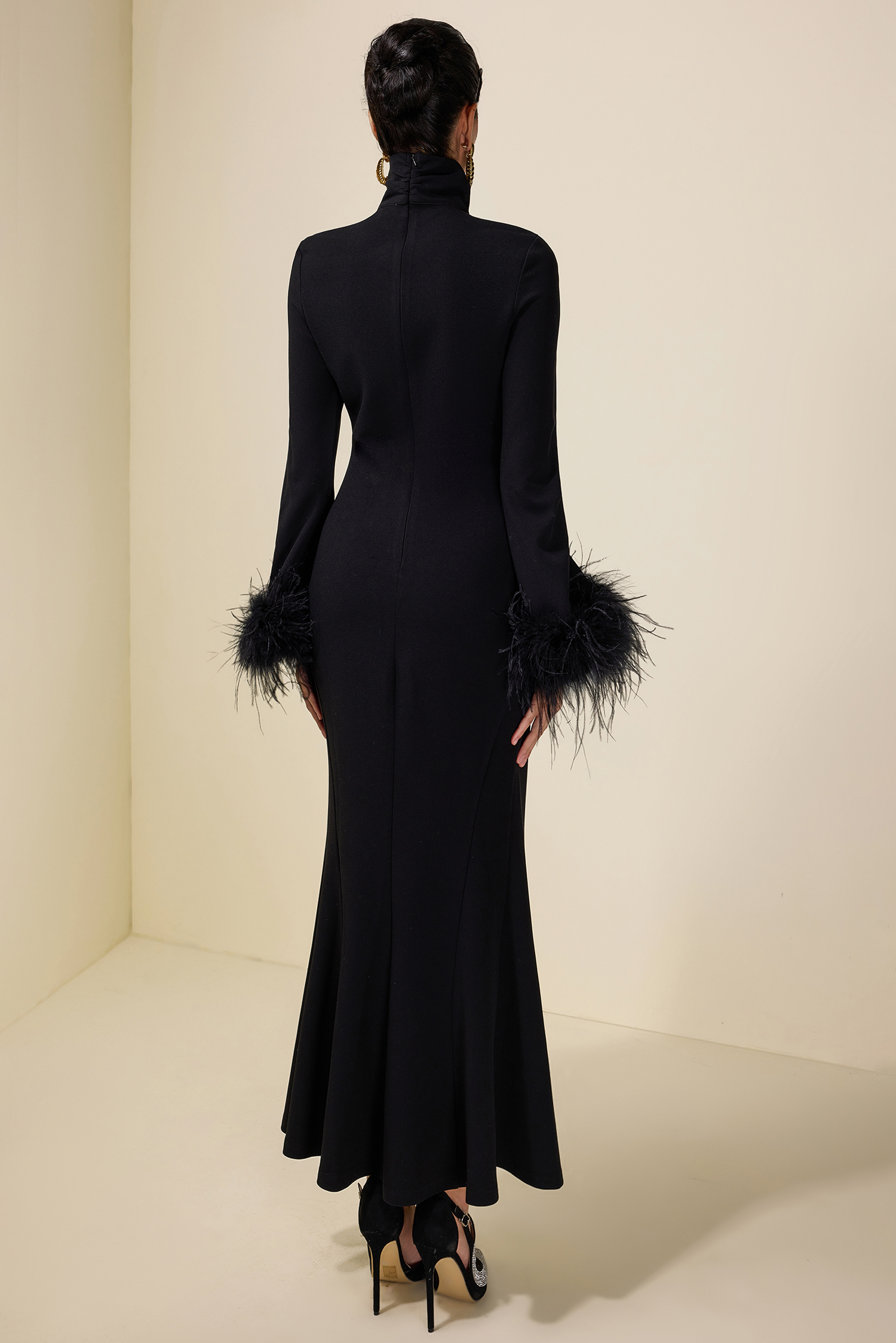 Feather Solid High Neck Midi Dress Black