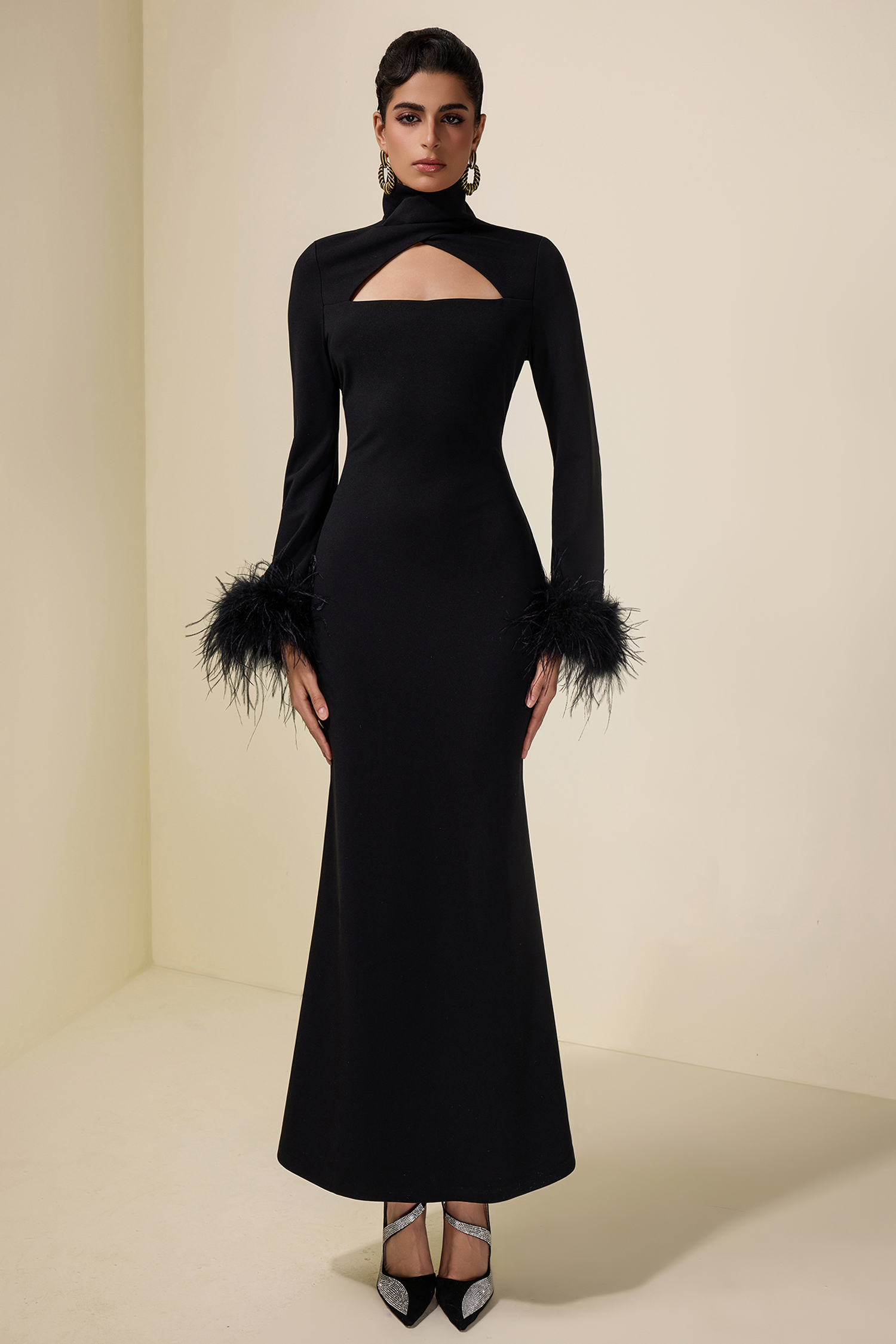 Feather Solid High Neck Midi Dress Black