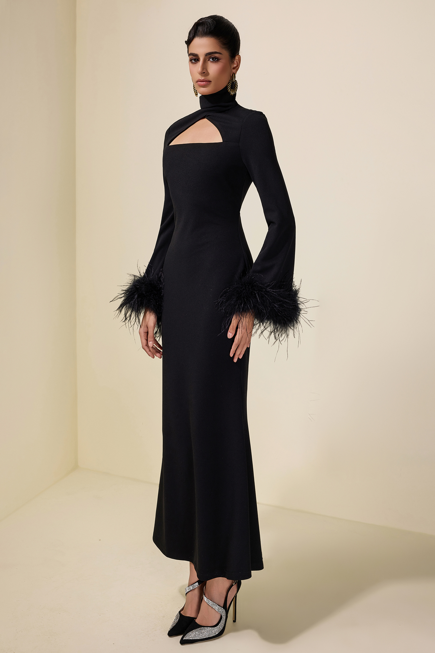 Feather Solid High Neck Midi Dress Black
