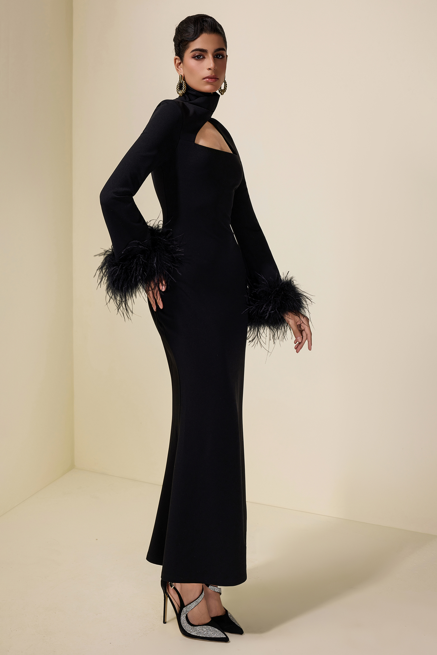 Feather Solid High Neck Midi Dress Black