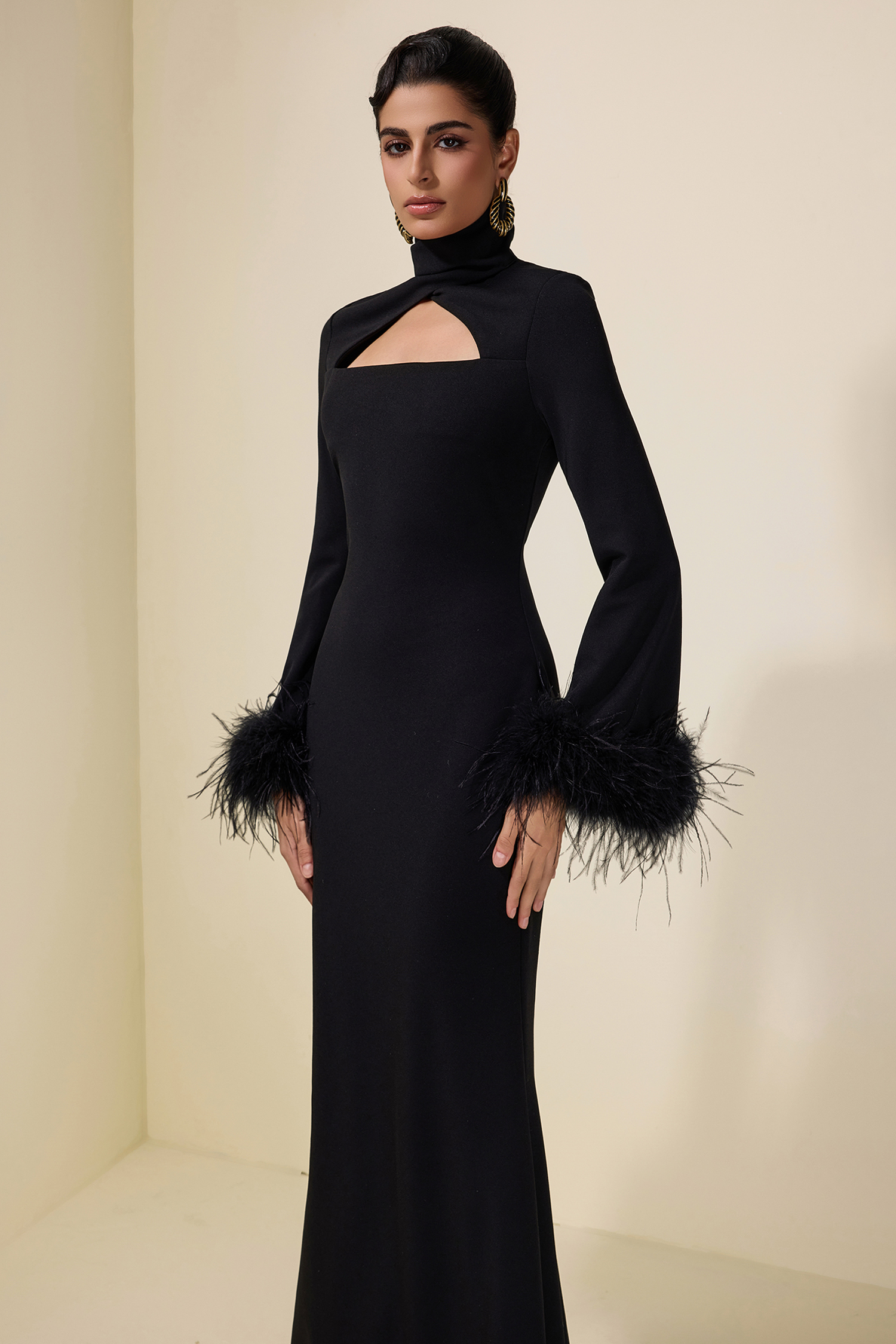 Feather Solid High Neck Midi Dress Black