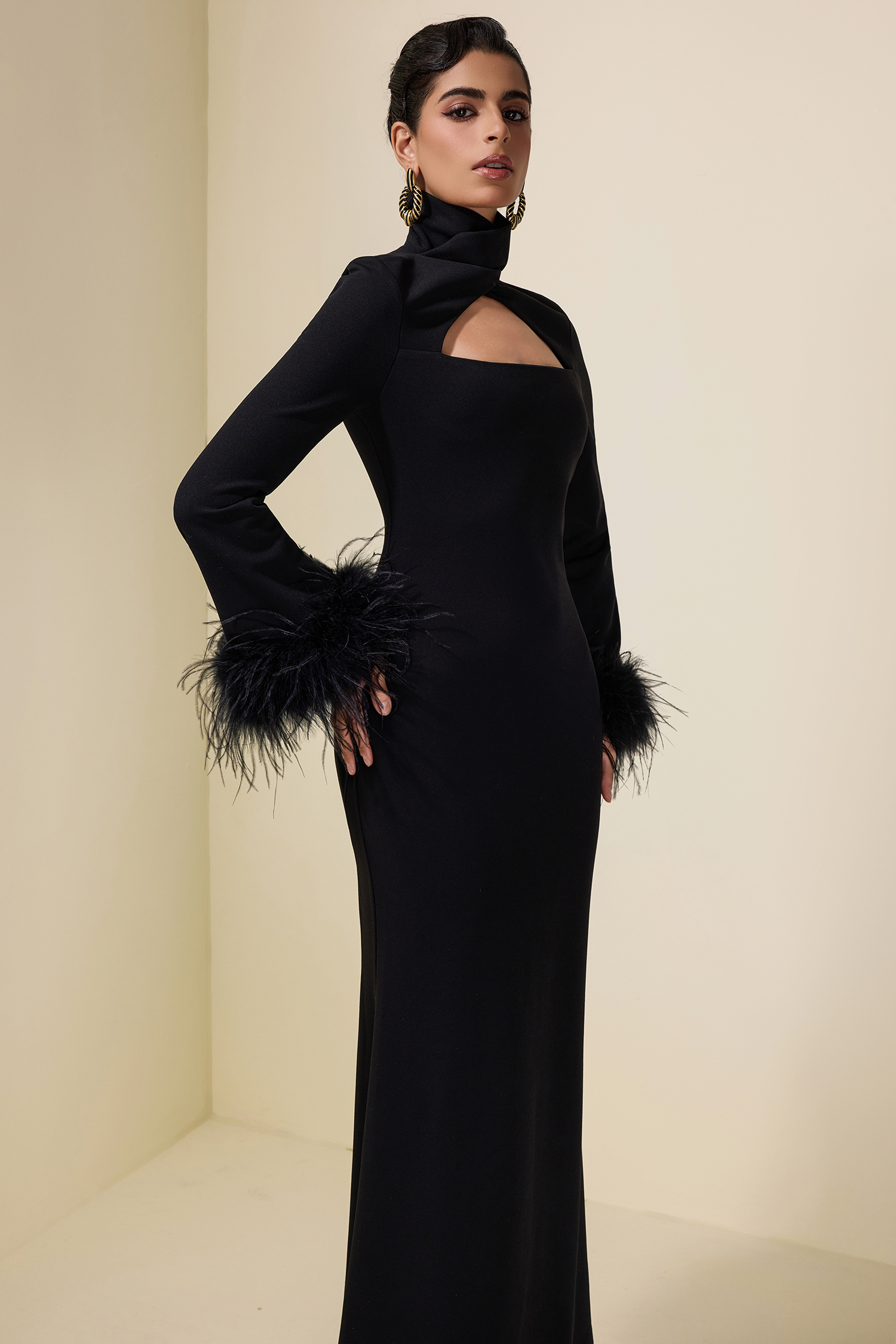 Feather Solid High Neck Midi Dress Black