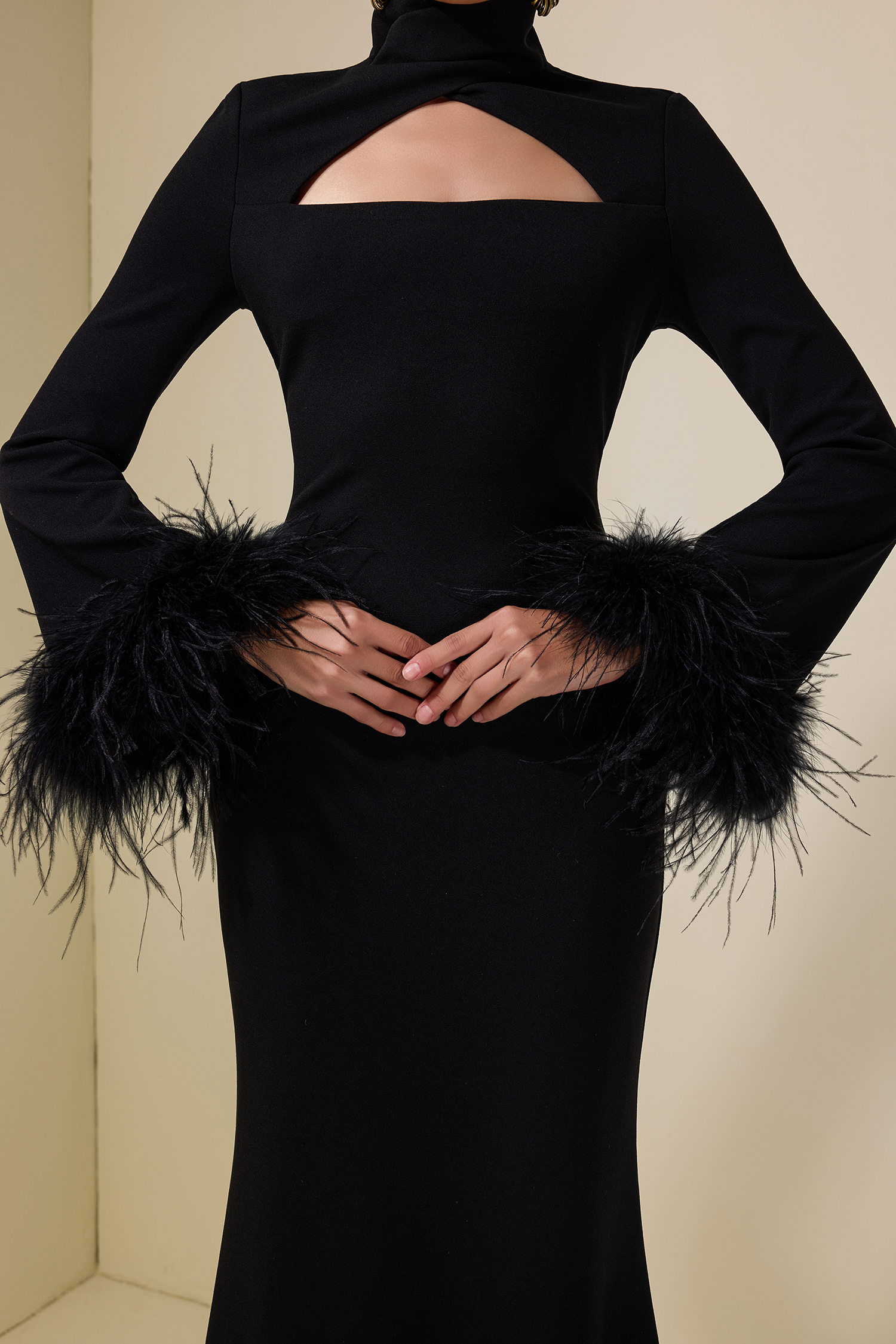 Feather Solid High Neck Midi Dress Black