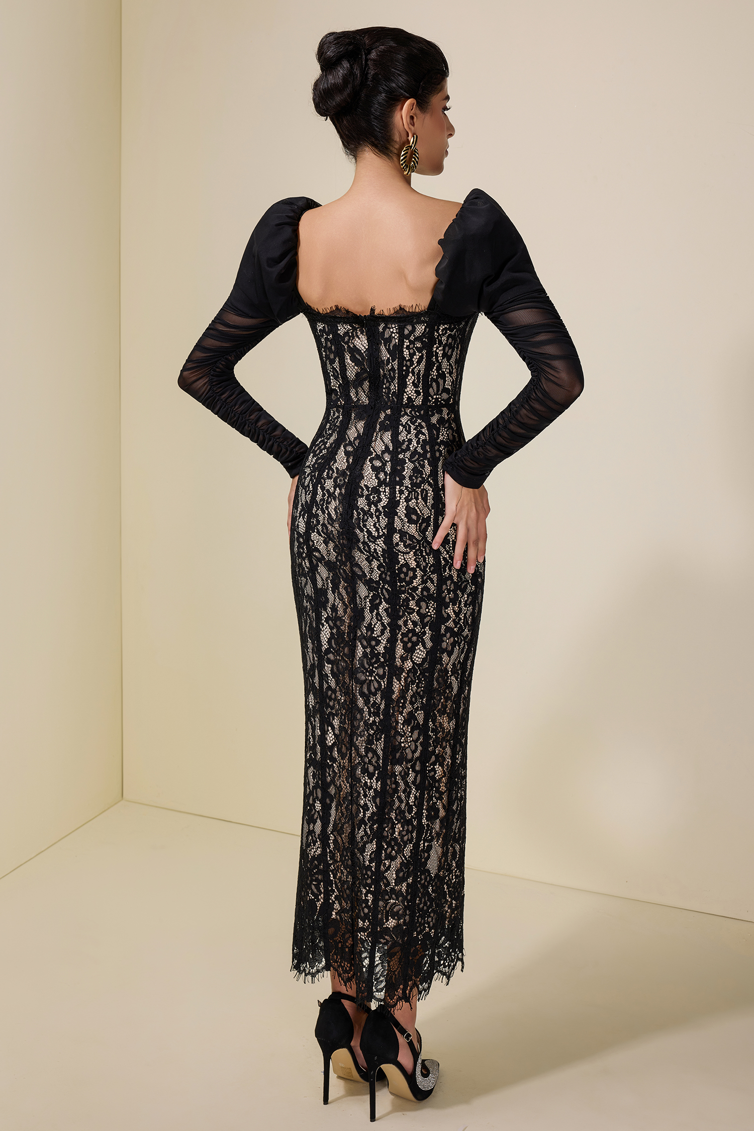 Lace Splicing Mesh Puff Sleeve Midi Dress