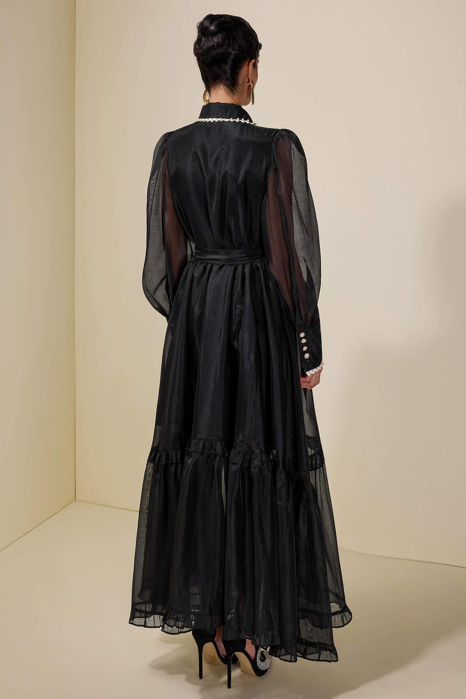 Chiffon Rivet Frill Midi Dress With Belt