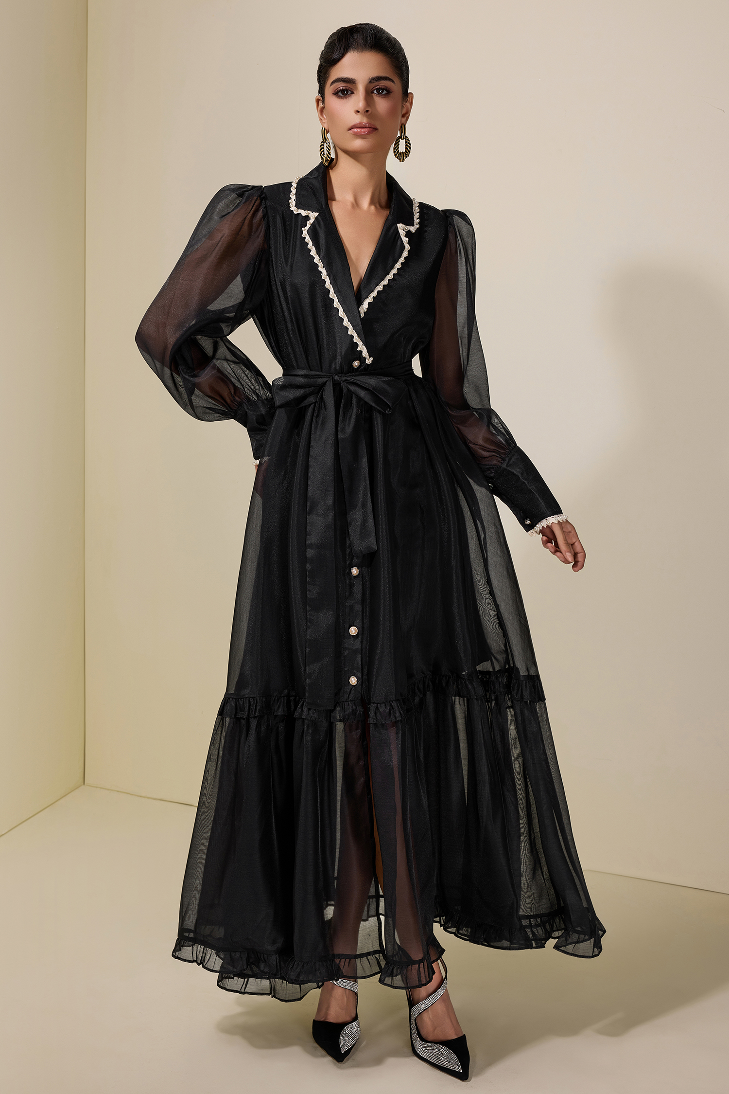 Chiffon Rivet Frill Midi Dress With Belt