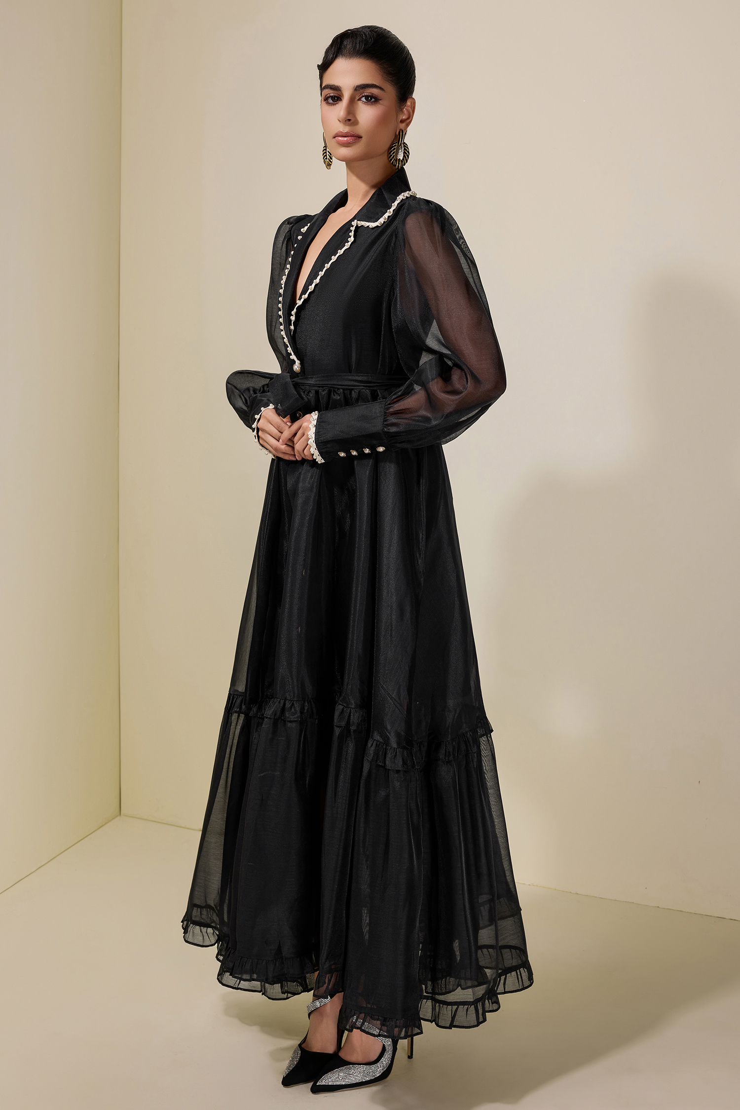 Chiffon Rivet Frill Midi Dress With Belt