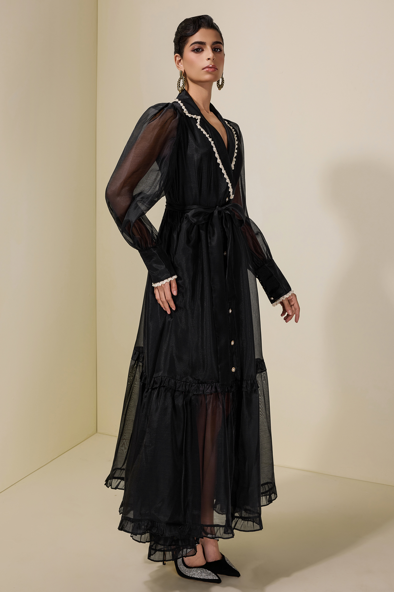 Chiffon Rivet Frill Midi Dress With Belt