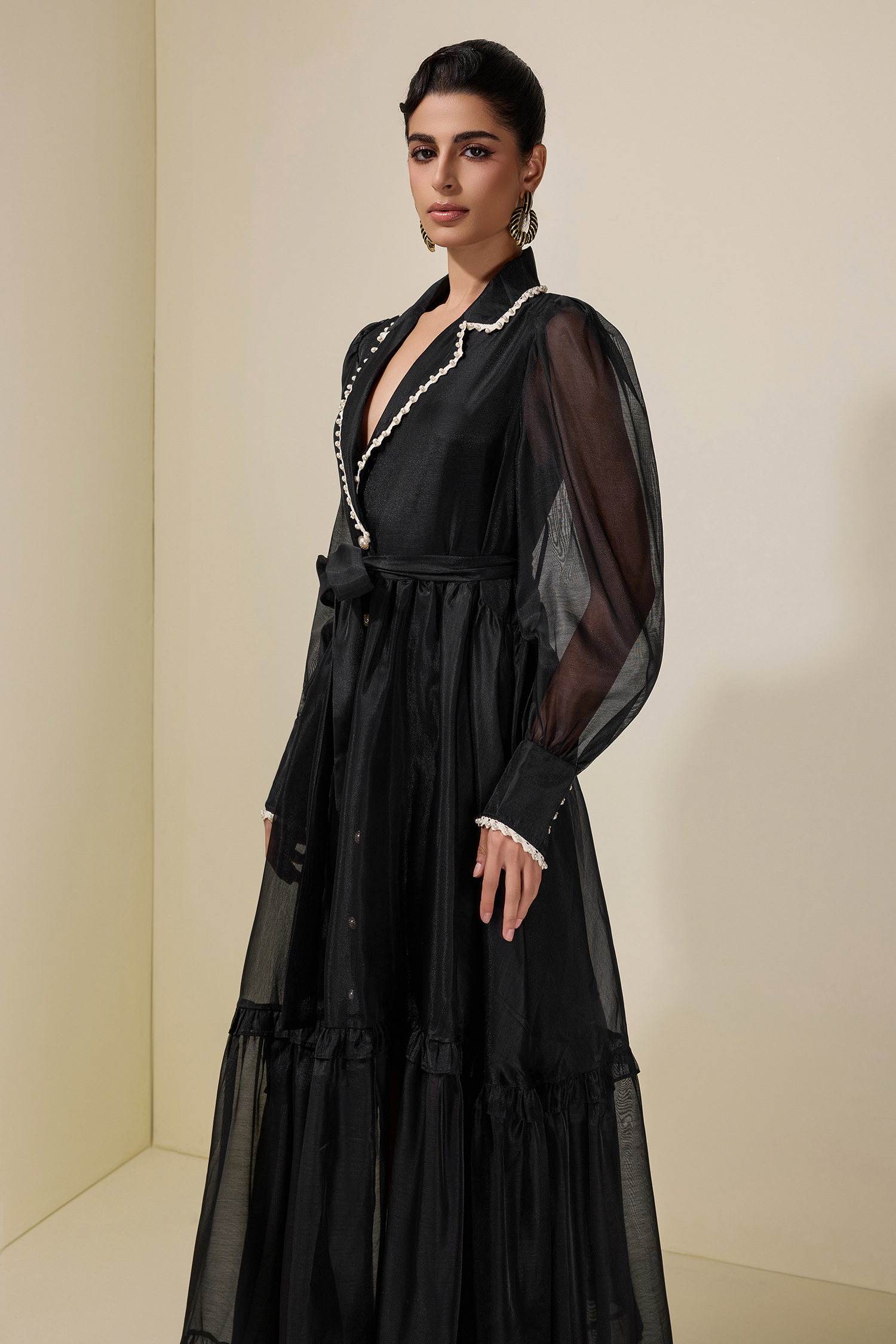 Chiffon Rivet Frill Midi Dress With Belt