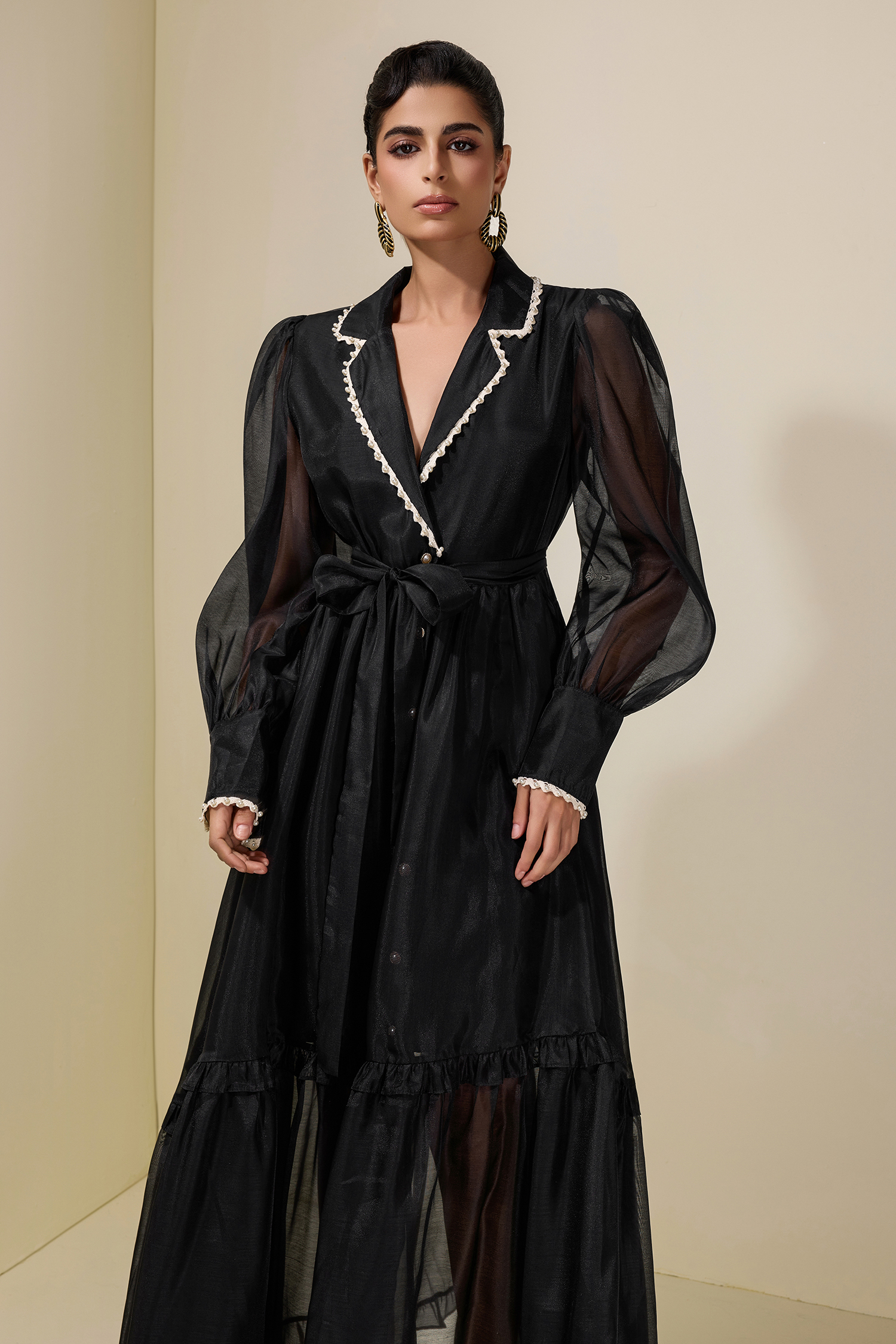 Chiffon Rivet Frill Midi Dress With Belt