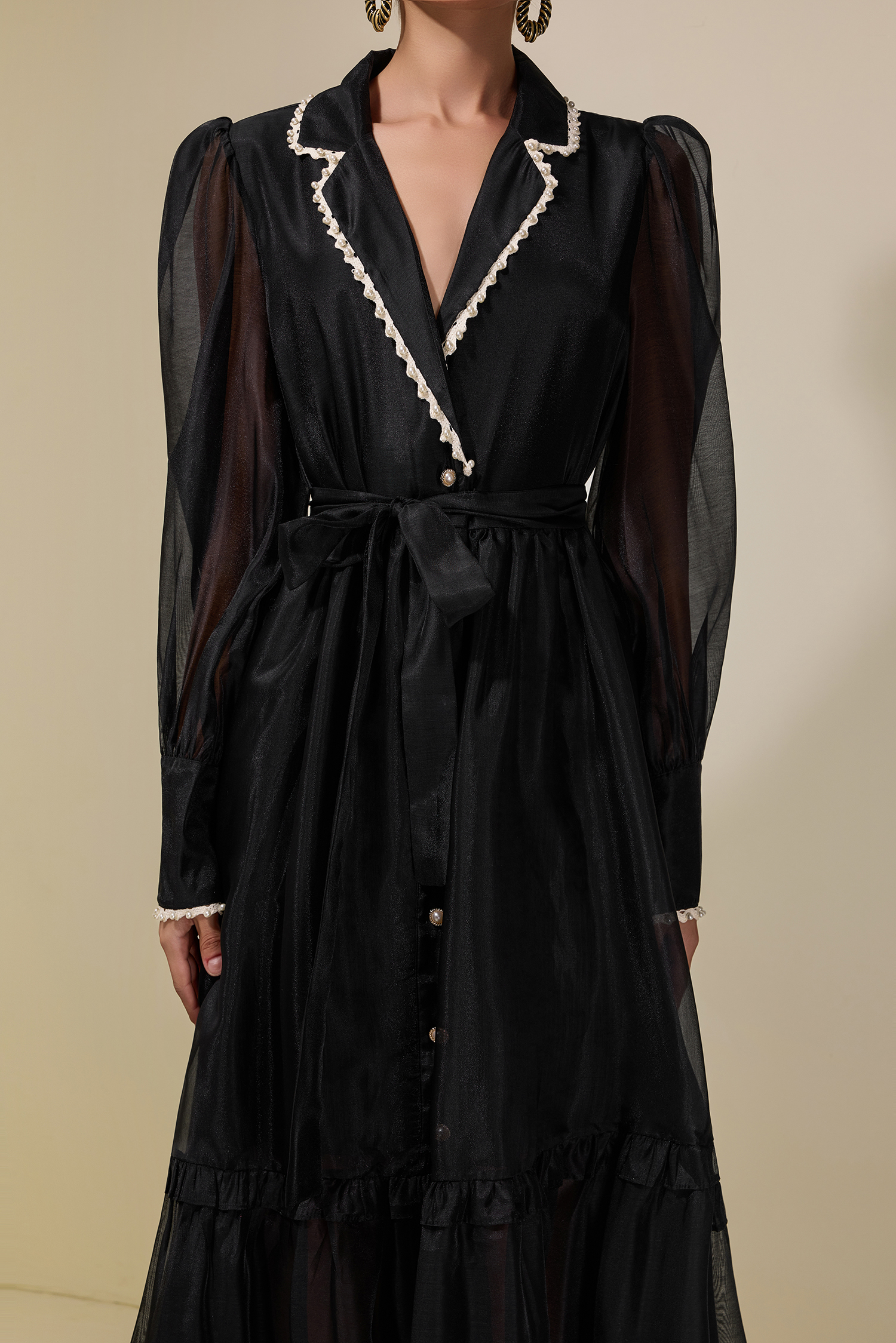 Chiffon Rivet Frill Midi Dress With Belt