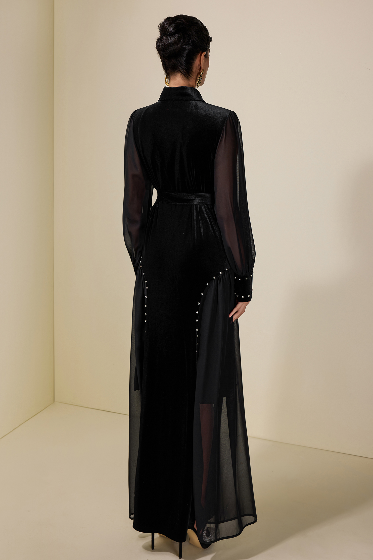 Velvet Chiffon Rhinestone Rivets Maxi Dress