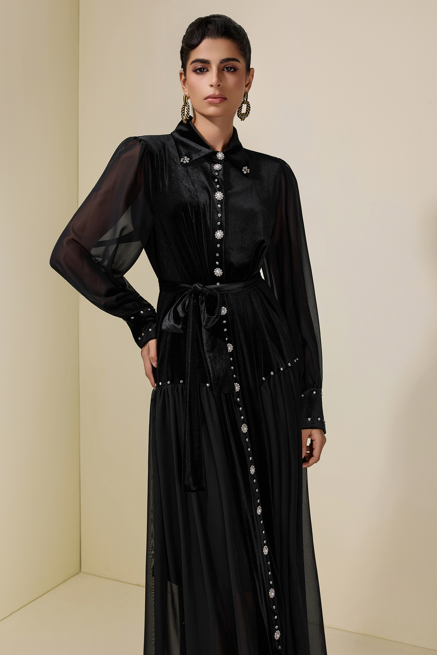 Velvet Chiffon Rhinestone Rivets Maxi Dress