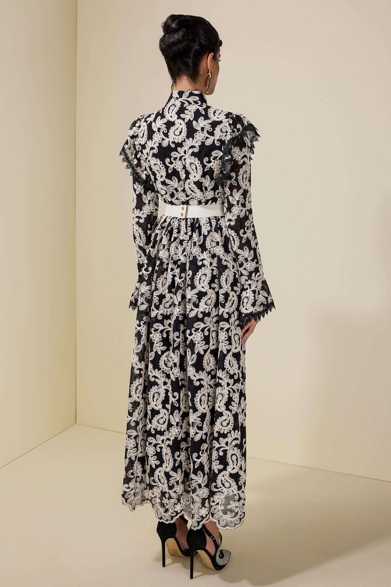 Chiffon Embroidered Single Breasted Midi Dress With Belt