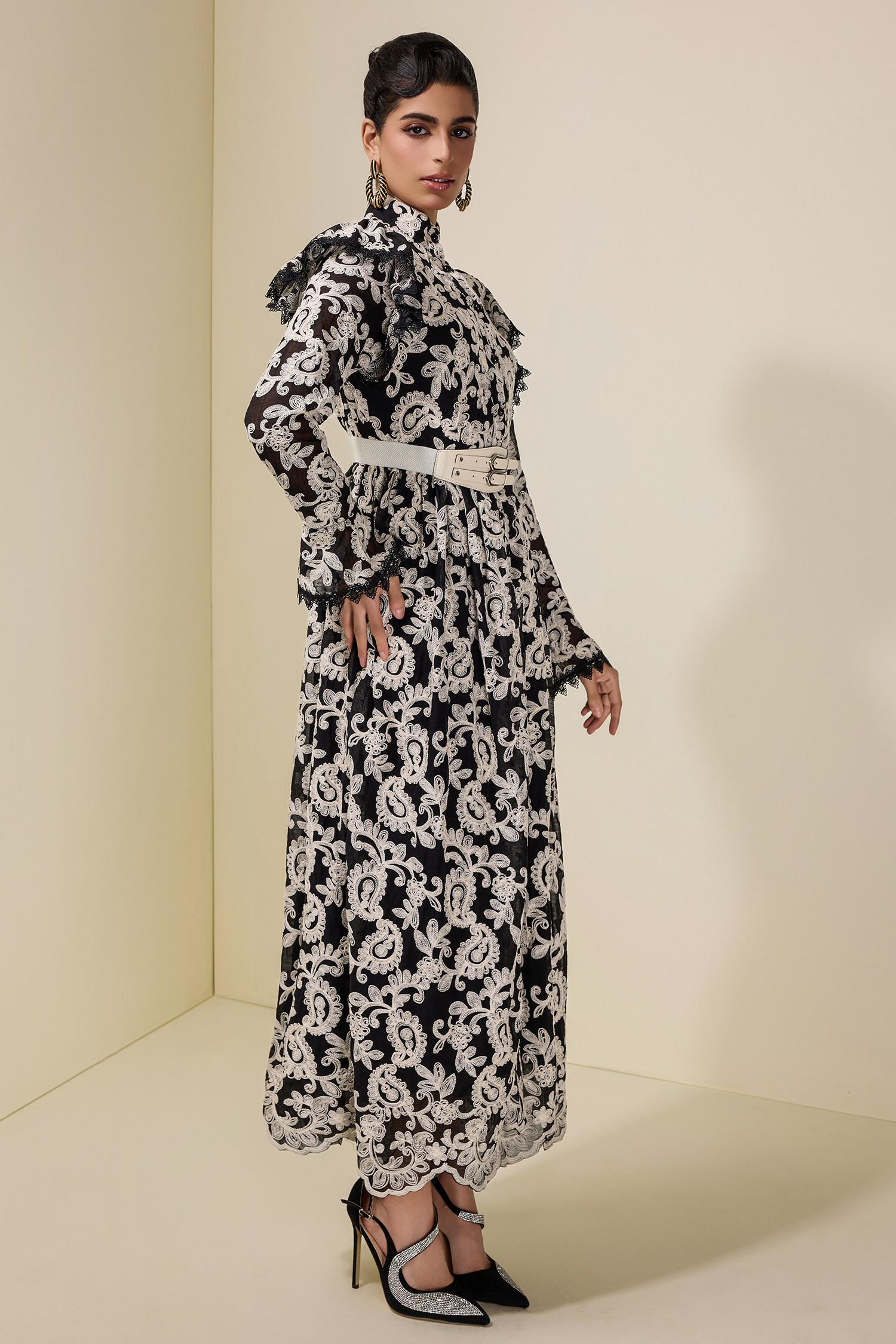 Chiffon Embroidered Single Breasted Midi Dress With Belt