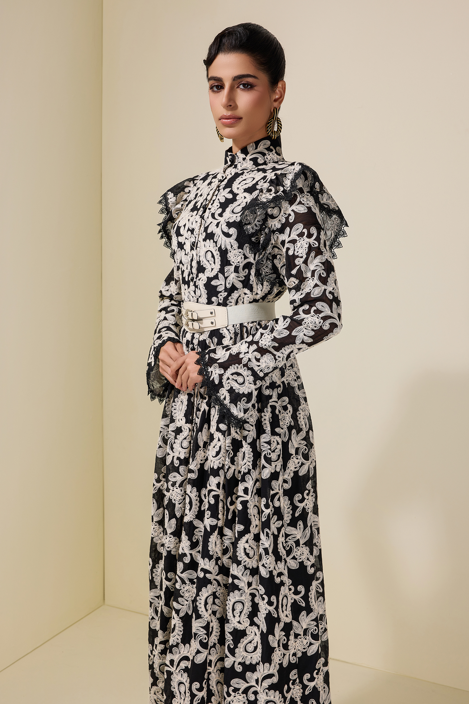 Chiffon Embroidered Single Breasted Midi Dress With Belt