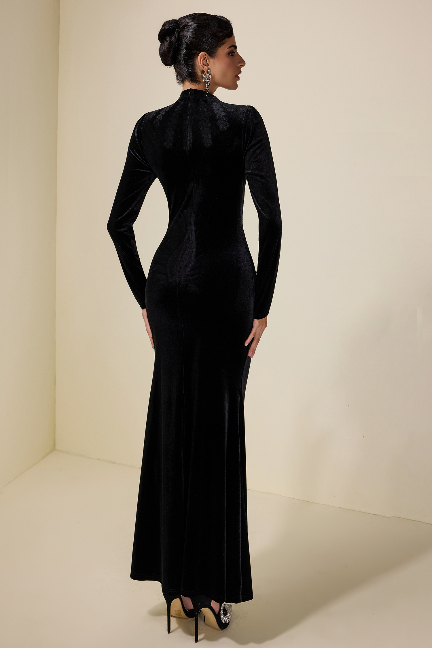 Velvet Rhinestone Draped Maxi Dress