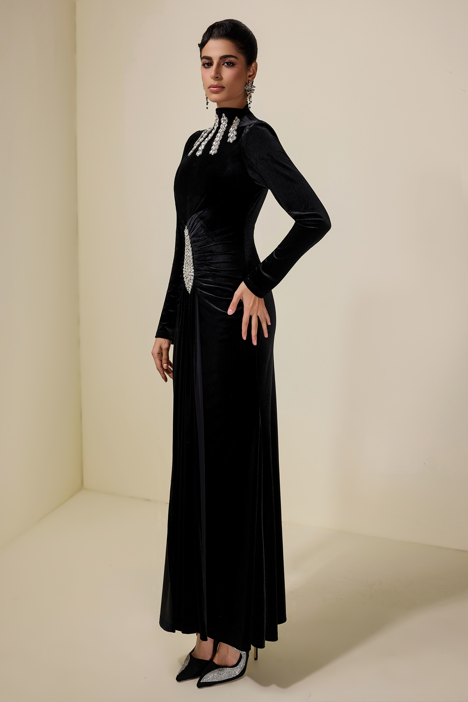 Velvet Rhinestone Draped Maxi Dress