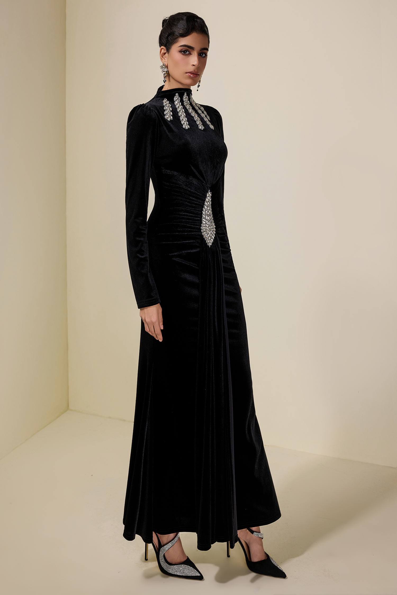 Velvet Rhinestone Draped Maxi Dress