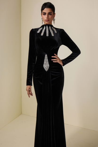 Velvet Rhinestone Draped Maxi Dress
