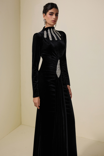 Velvet Rhinestone Draped Maxi Dress