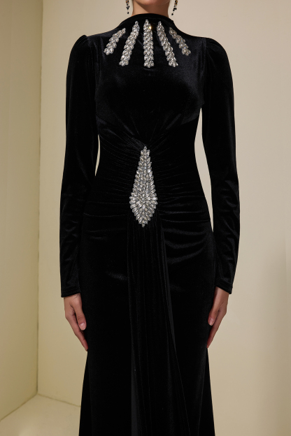 Velvet Rhinestone Draped Maxi Dress