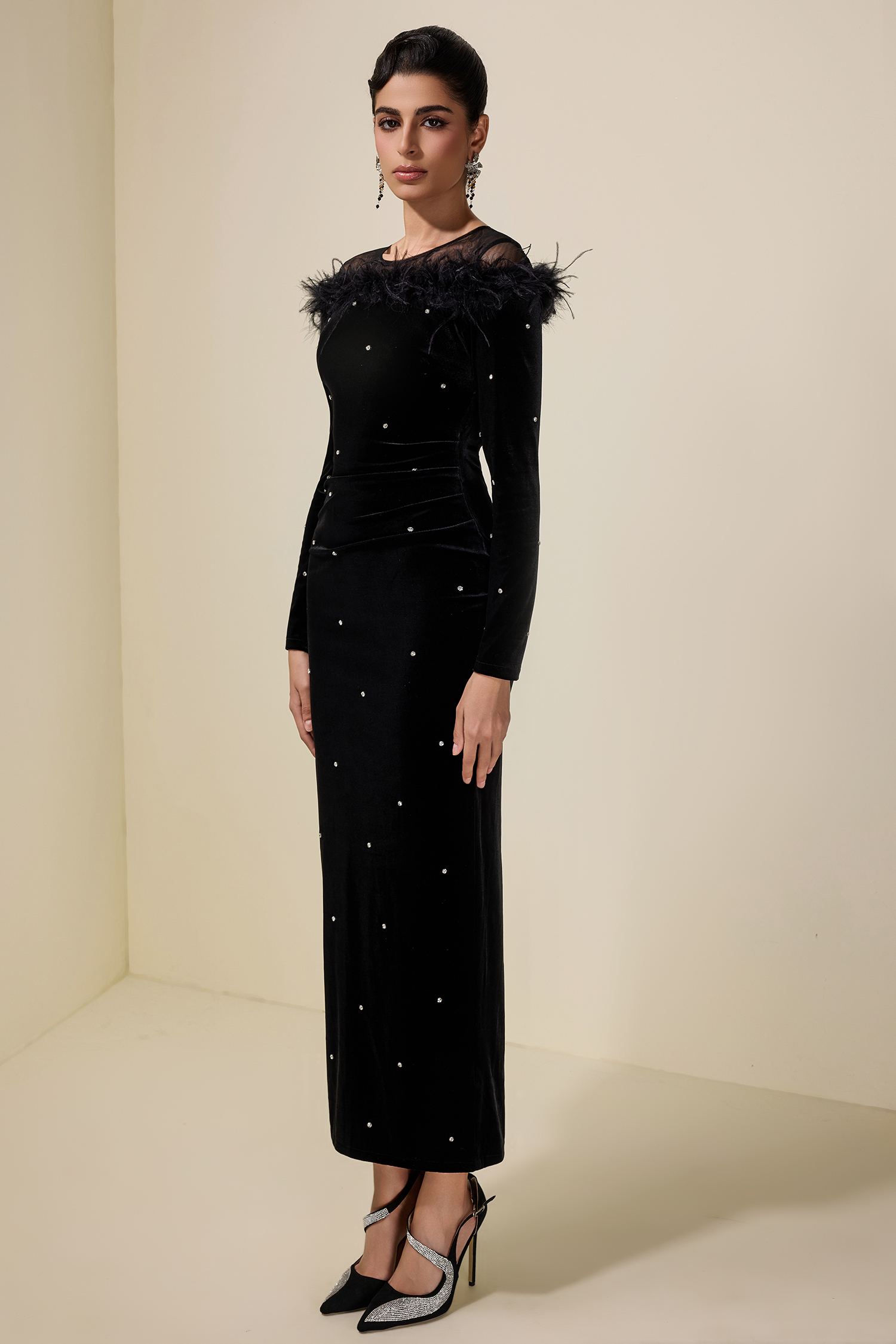 Velvet Rhinestone Feather Midi Dress