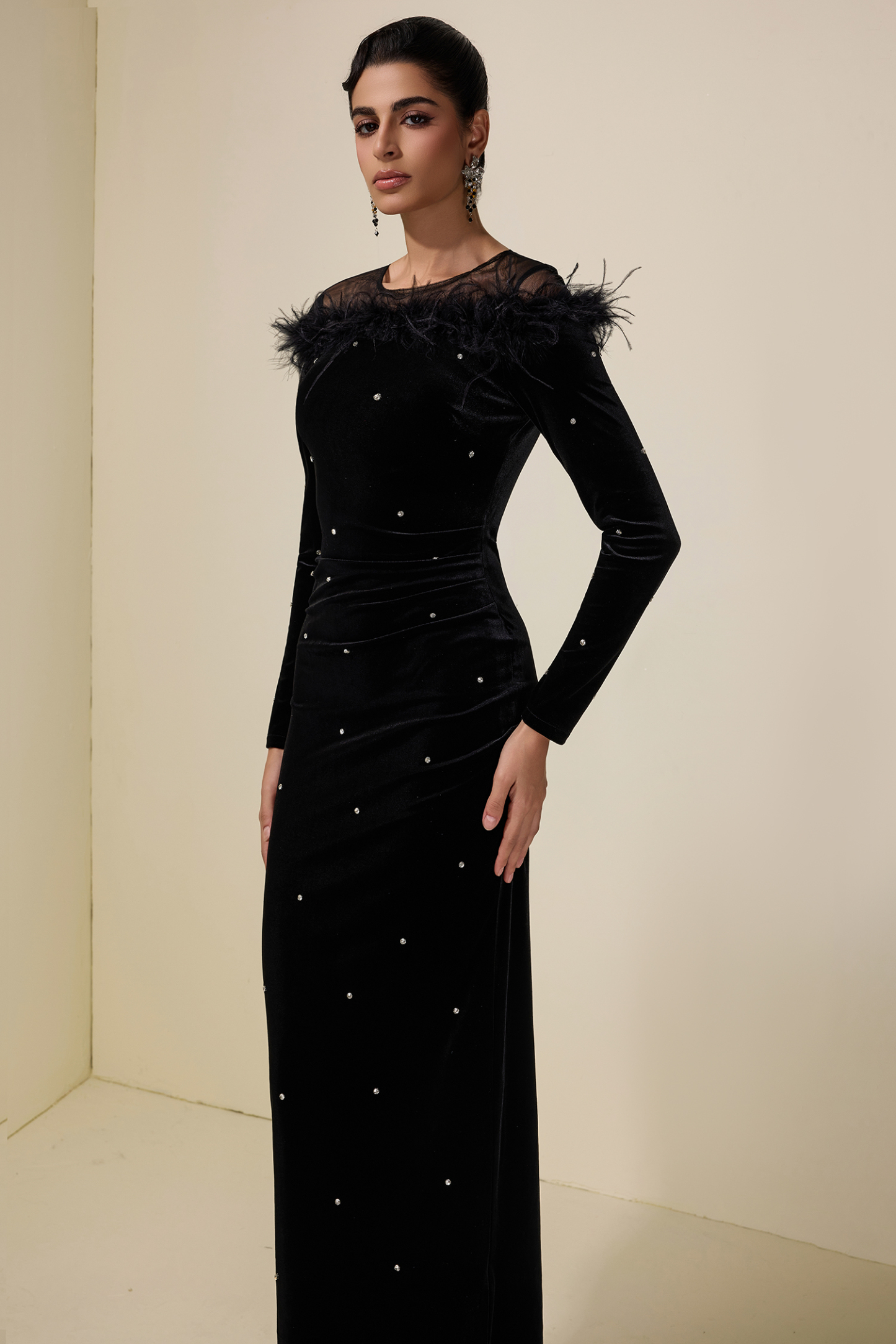 Velvet Rhinestone Feather Midi Dress