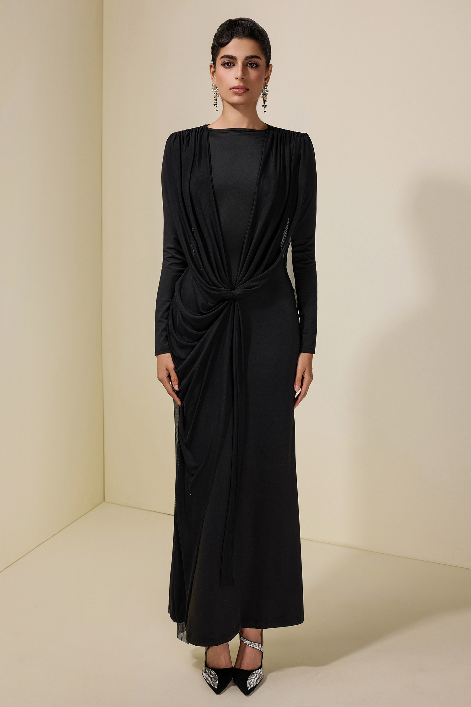 Mesh Pleated Tie-Up Maxi Dress