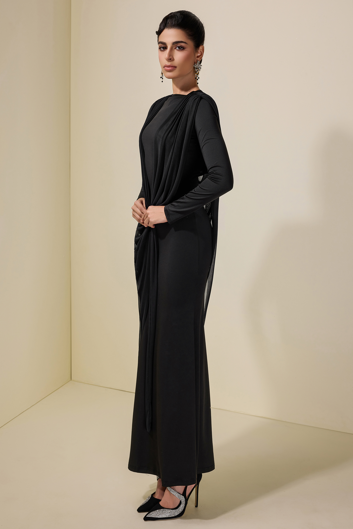 Mesh Pleated Tie-Up Maxi Dress