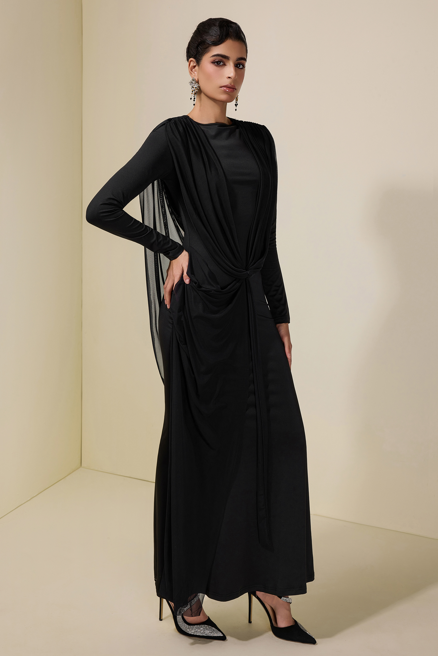 Mesh Pleated Tie-Up Maxi Dress