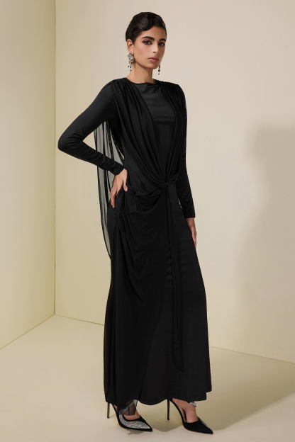 Mesh Pleated Tie-Up Maxi Dress