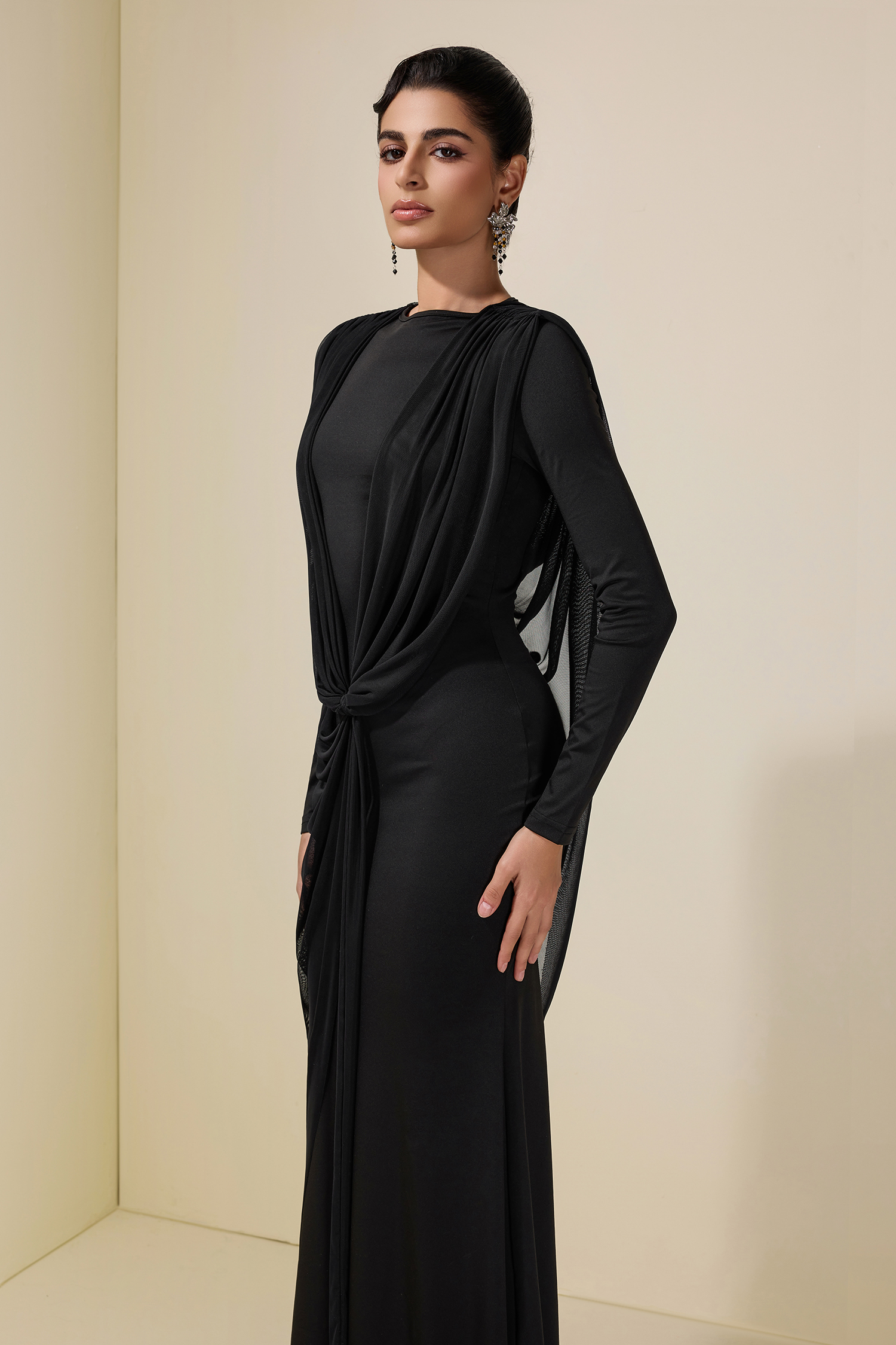 Mesh Pleated Tie-Up Maxi Dress