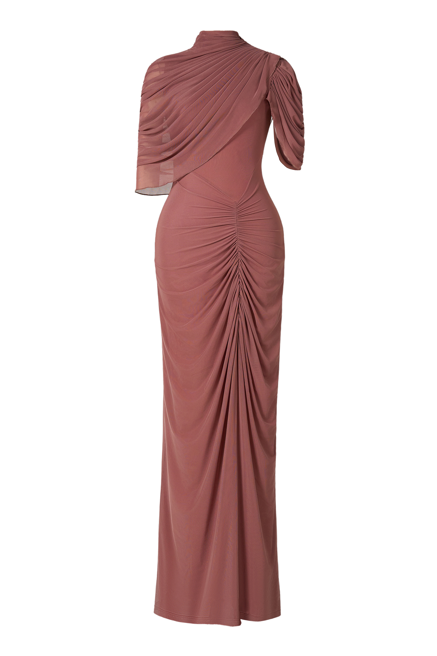 Ruched Asymmetrical High Neck Maxi Dress