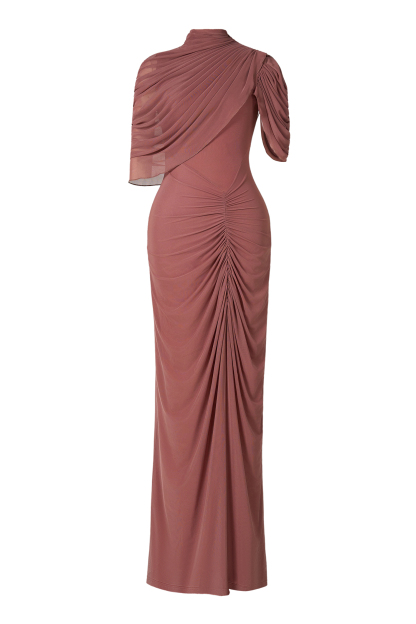 Ruched Asymmetrical High Neck Maxi Dress