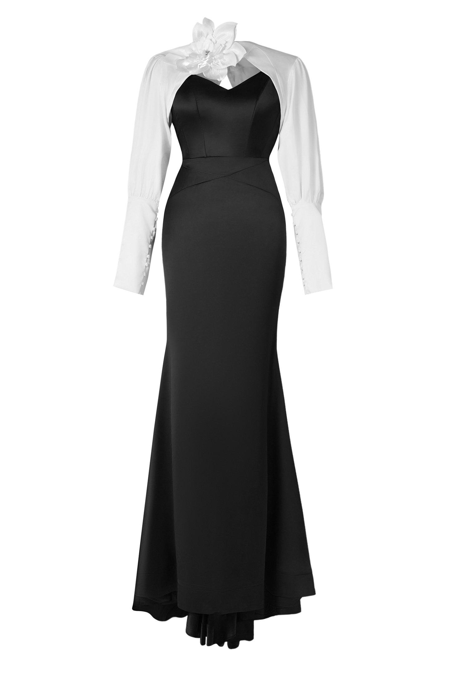 Satin Contrast Color Off-Shoulder 3D Flower Maxi Dress