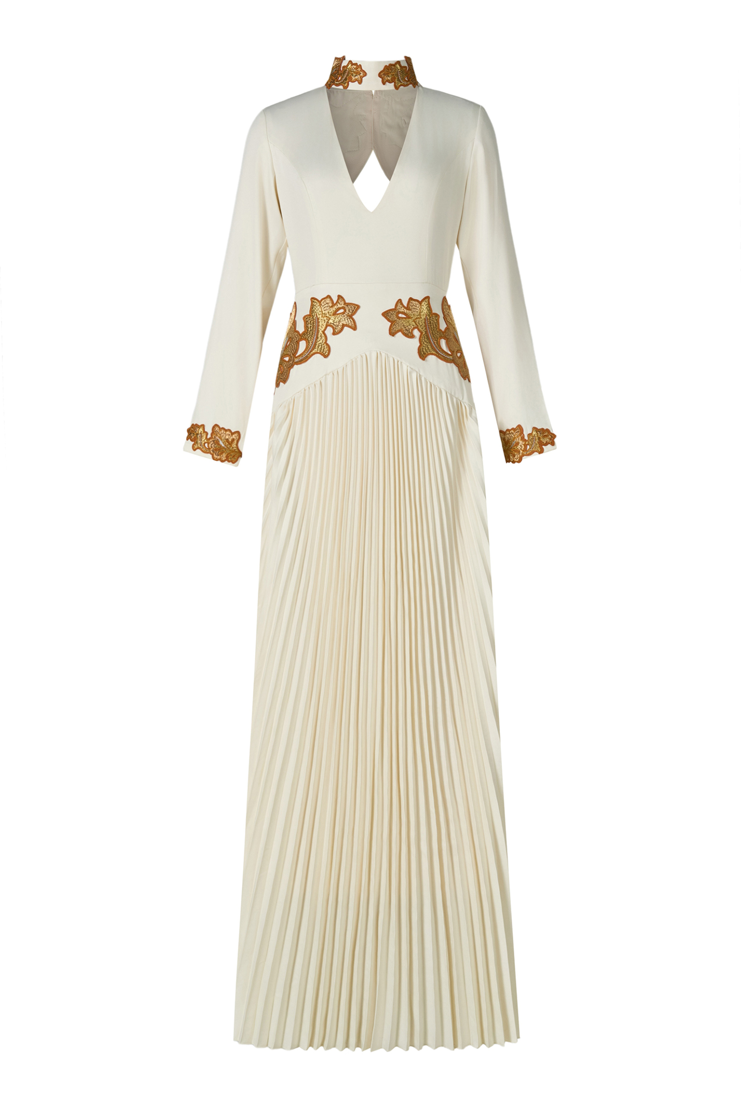 Appliquéd V-Neck Pleated Maxi Dress