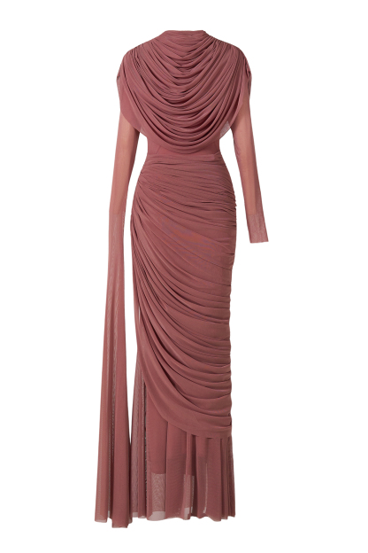 Mesh Gathering Asymmetrical Sleeve Maxi Dress