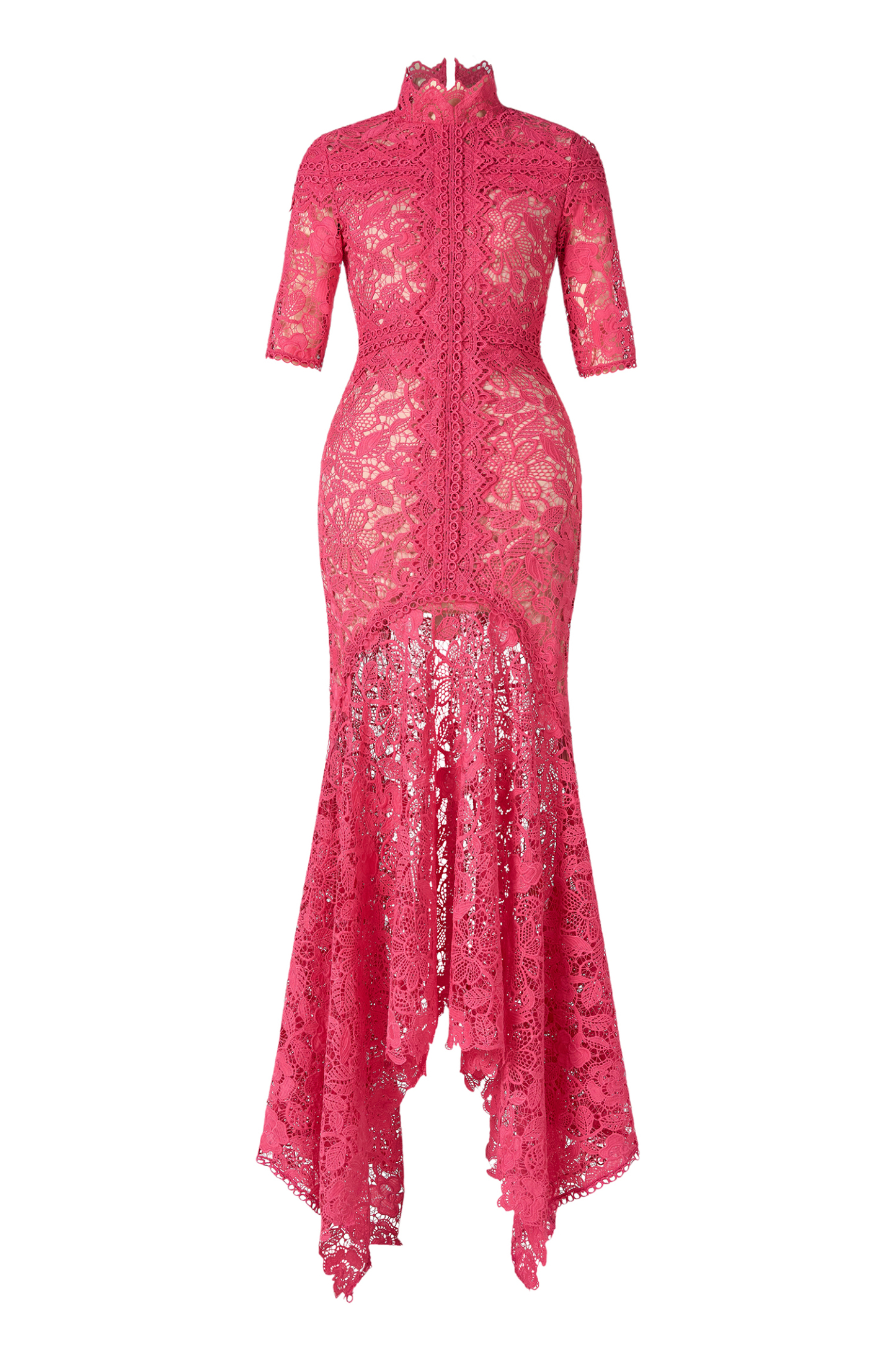 Lace Stand Collar Three-Quarter Sleeve Midi Dress