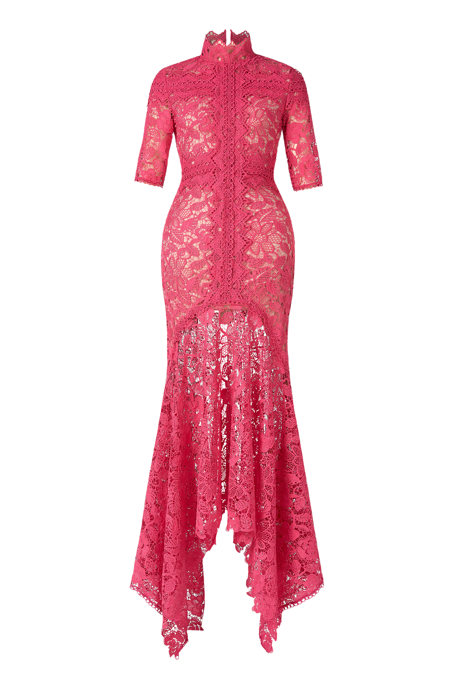 Lace Stand Collar Three-Quarter Sleeve Midi Dress