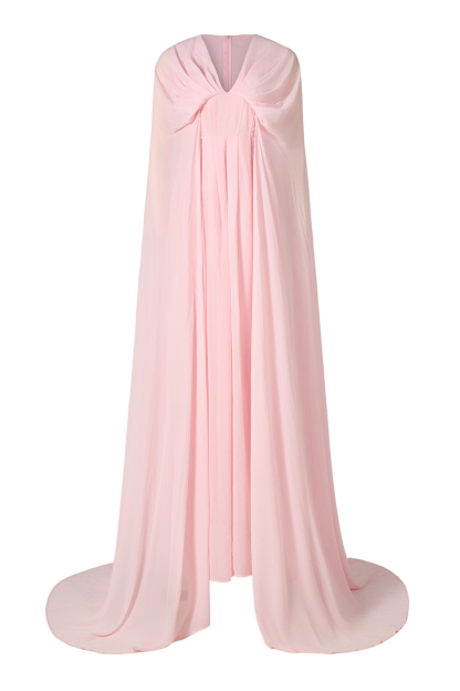 Chiffon Pleated V-Neck Cape Sleeve Maxi Dress